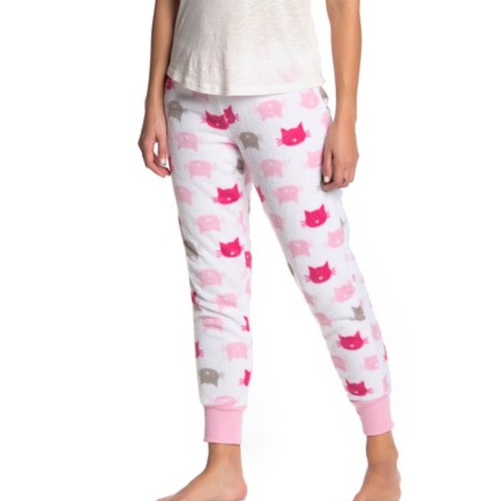 PJ Couture Cats Plush Joggers Pajamas Lounge Pants Pink & White Size Large NEW